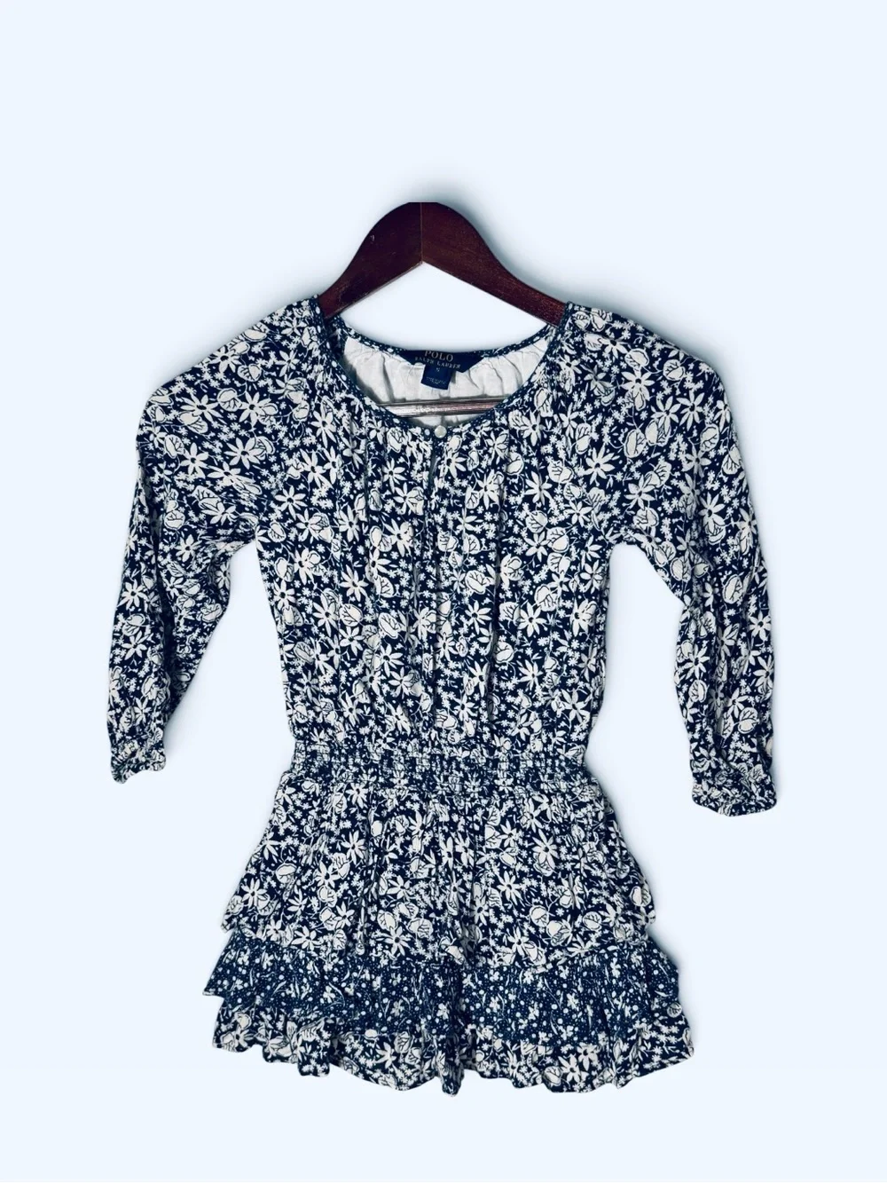 Polo Ralph Lauren Kids Girls Blue White Floral Smocked Dress Size 5